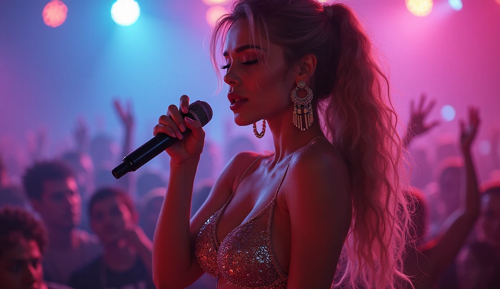 A beautiful opera singer holding a microphone is singing behind a DJ and club crowd, ultra definition, realism