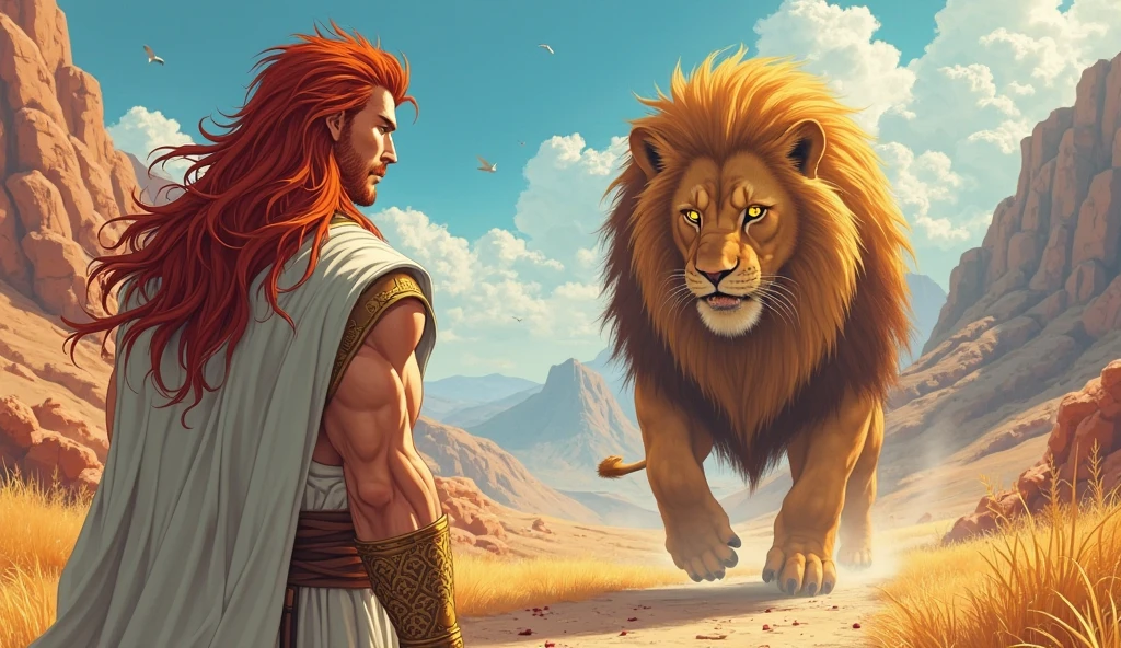 Lion-like man, Walking with a lion, starry sky blue background galaxy universe --auto