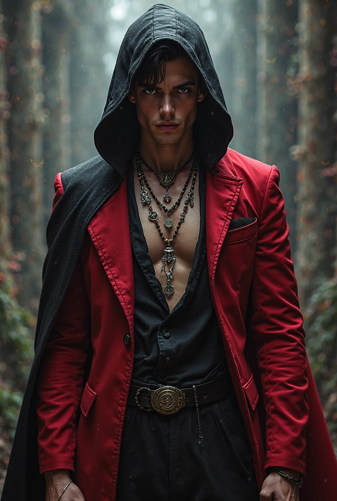 Photo-realistic, ((best quality)), ((masterpiece)), (detailed), short blond hair, handsome young male model, male version of red riding hood, 18-year-old, super male model, handsome, tall, cute, evil looking, dark look, powerful, young male model, handsome, clean shave, green eyes, pale skin, white pale skin, wavy messy blond hair, short messy hair, messy wavy hair, super strong, muscular, fit, massive muscles, six pack, muscle, ripped, strong body, fit body, (cotton red cloak:1.4), (red hoodie:1.2), shirtless, bare-chested, linen small skirt, linen small short loincloth, fog, valley fog, (haunted forest:1.4), horror forest, evil forest background, dark forest, 8k, high detailed, ultra-detailed, Stylish Pose, real skin texture, dramatic cinematic lighting, (HORROR:1.5), night, night time, dark, full moon