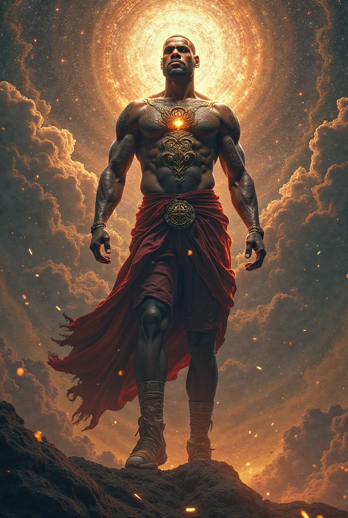A muscular handsome man in a darkest place, extremely muscular body, perfect body, large chest, largest pectorals, big nipples, well-defined abs, golden shiny smooth skin, the emphasis is on the male body. Sexy gaze, (looking at the viewers romantically), sexy posture, above his head is a golden halo, he is bathed in golden sacred light coming from above, (((a gold crown on his head, his body is imprisoned with gold chains, gold finger rings, hands and neck are shackled with golden chains at back, two angelic golden wings on his back, shiny tattoos on his chest shoulders and hands))), (A Voluptuous golden brief with a band of gold with sparkling gemstones, (bulge: 1.2)). He has short black hair. This scene looks like something out of the realm of fantasy or legend seen from above, (full body view), 