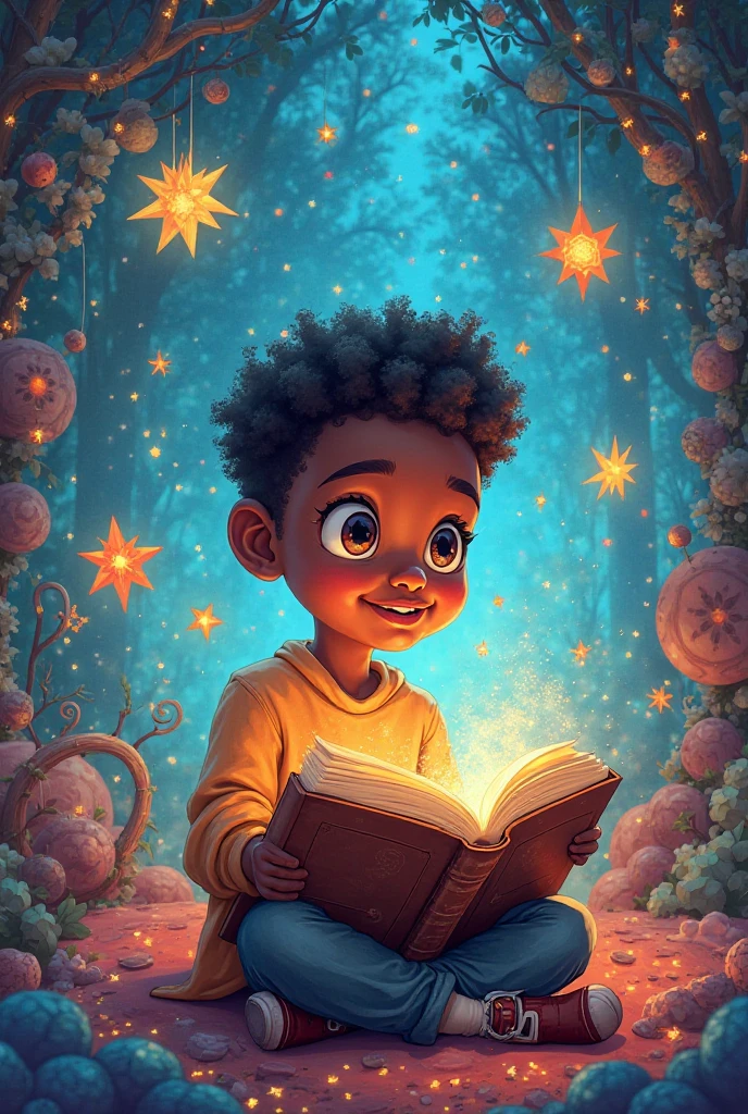 black boy, reading a book in the center of the universe