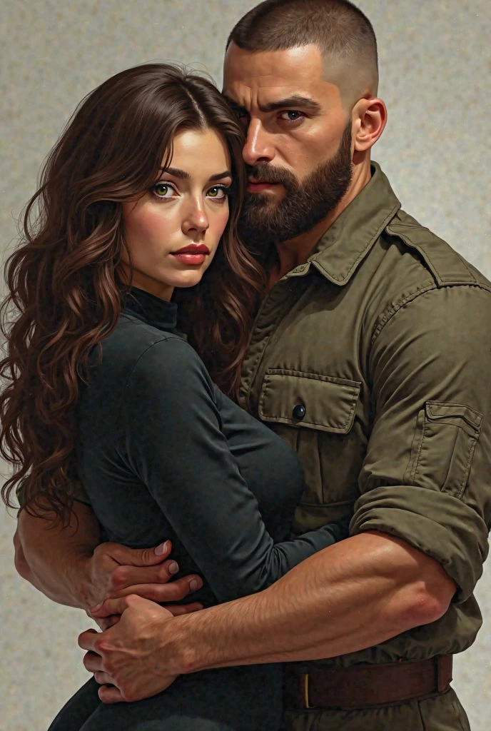 casal vestindo roupas de couro, se beijando, homem forte, cabelo castanho, barba fina, mulher cabelos longos, castanhos