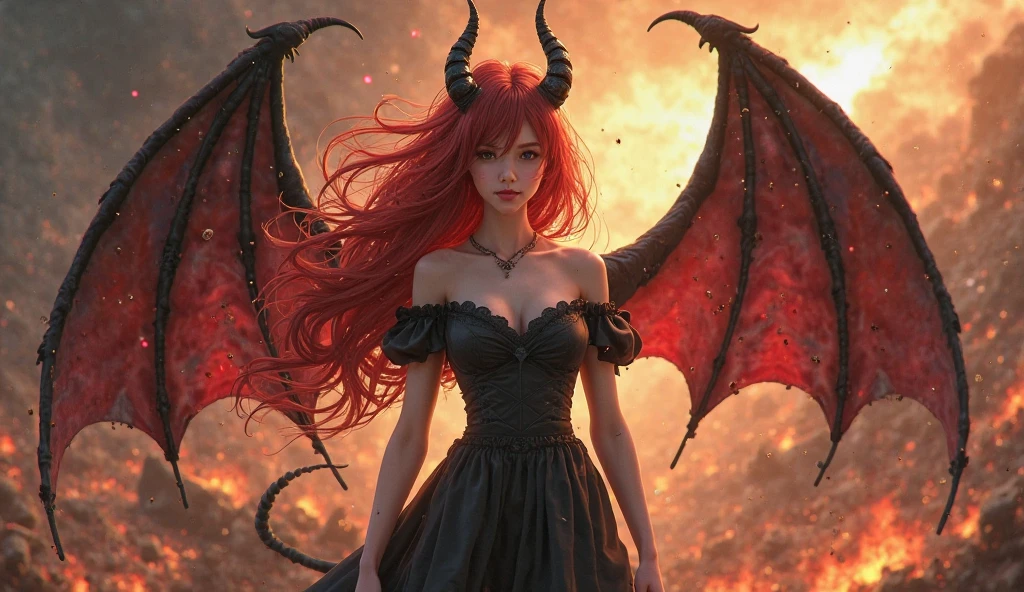Enchanting female demon with obsidian black wings and fiery red hair, wearing a tattered, yet seductive outfit that seems to burn at the edges, her gaze intense and magnetic, set against a backdrop of a fiery abyss, with flames and smoke rising around her.