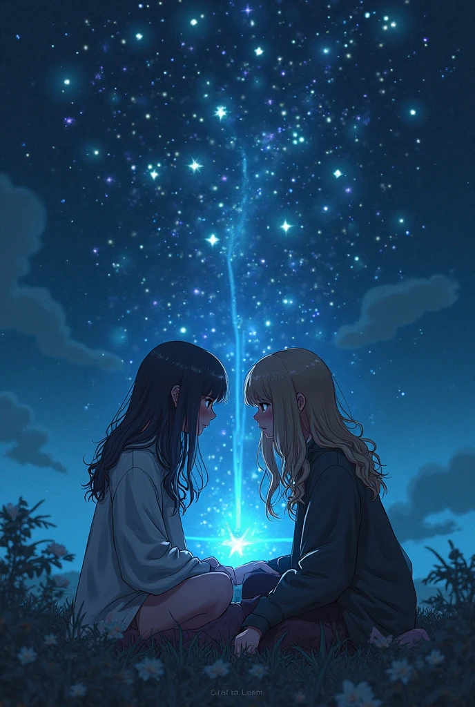 Highest quality　masterpiece　High resolution　絡み合う2人の女の子masterpieceグレーアイズ、Two girls intertwined with each other in low twin tails、Two intertwined girls in casual summer outfits　、flowerpunk、universe、Sparkling light particles、Vivid gradient effect