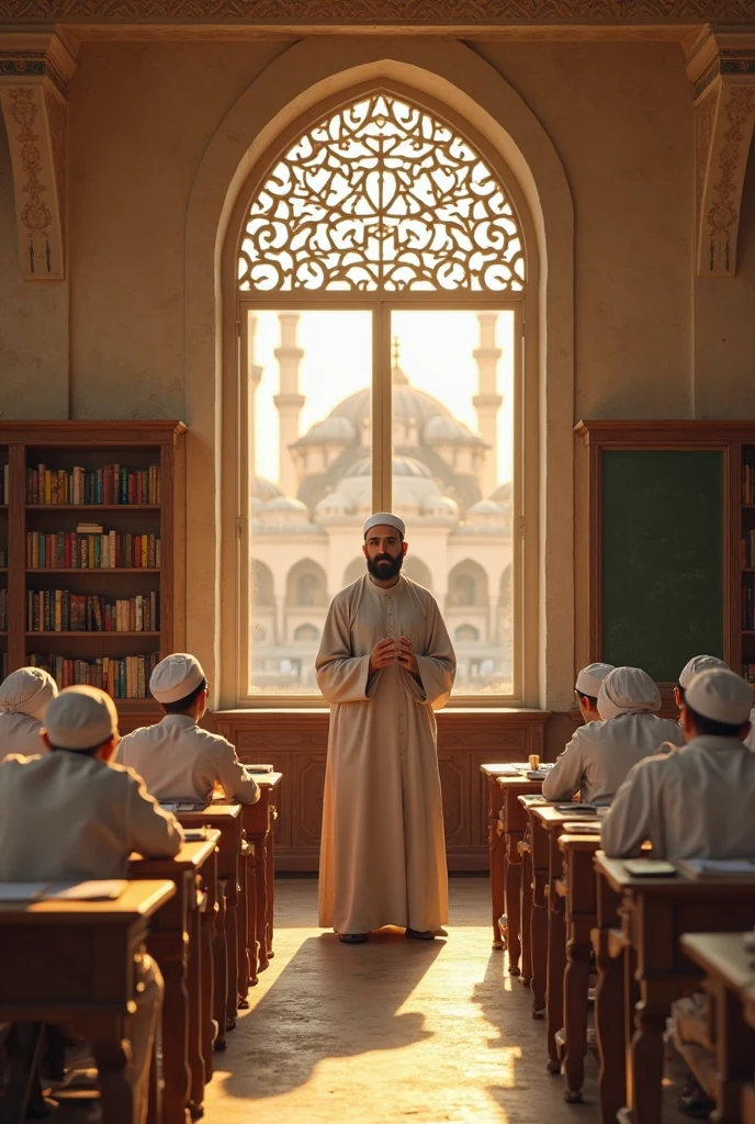 A Quran Yung teacher is giving a lesson on Tajweed and Qirat in class room