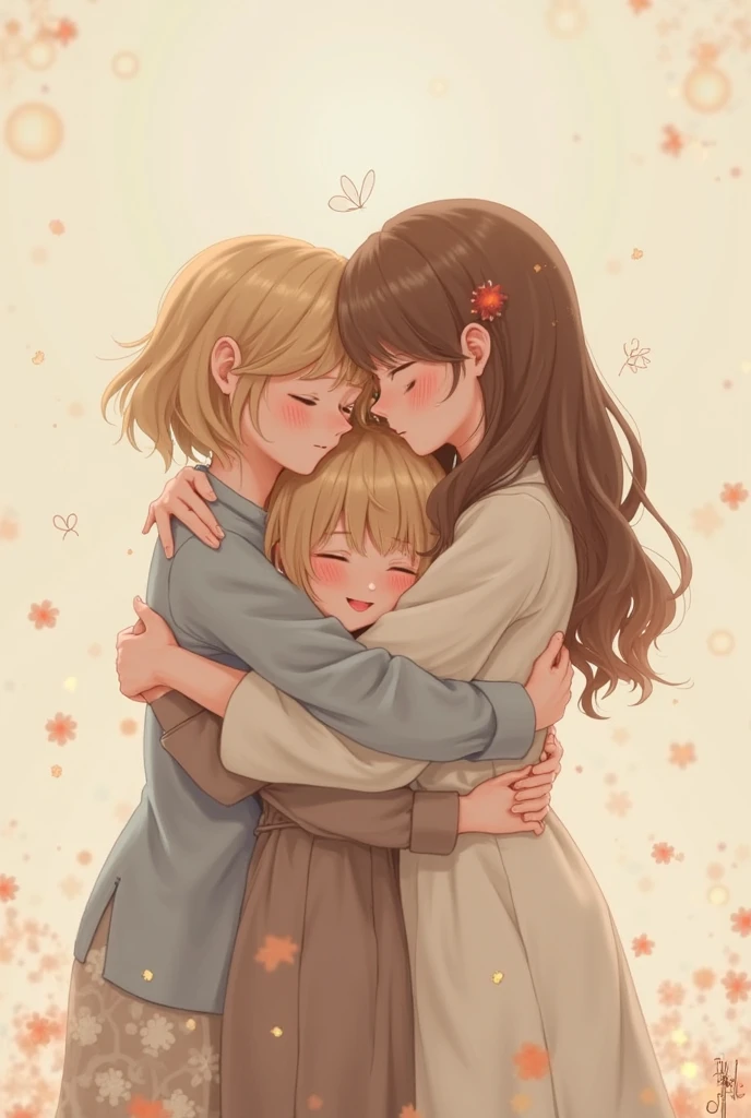 Create a realistic image of three sisters hugging each other from childhood with black brown and blonde hair