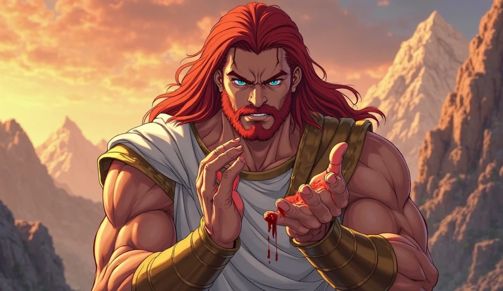Bloody and screaming muscle god green eyes long hair beard