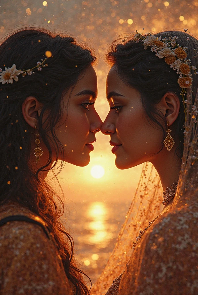 Portrait of two girls kissing, unravel, Ride the waves, Cast A Spell, Heavenly, Divinity, Hope, Ethereal, Symmetry, God-rays, Hooded, God-rays, DnD, Exterior, Octane Render, Insanely Detailed, 8k, HD, Artstation,