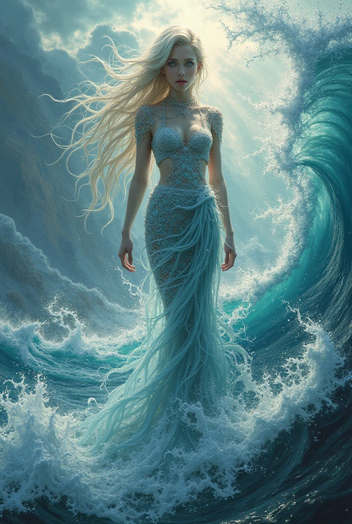 la plus haute qualité,masterpiece ,Ultra haute résolution,(réel:1.4),Photo originale,Ultra haute résolution,8k,Il y a une sublime femme surfeuse, peau claire, Maquillage exquis,Grandes vagues,Robe de soirée sublime :1.5, sublimes Longues jambes, Lumineux et beau, surf dans la vague fractale, à l'intérieur de la vague
