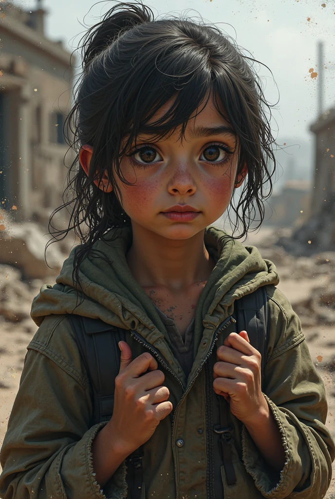 RAW photo, post-apocalyptic, close-up portrait photo of a CHILD HOLDING A PUPPY ON HIS LAP, in dirty, tattered clothes, a burning desert landscape, dust storms, a scorching sun, intense color, (highly detailed skin: 1.2 ), 8k uhd, dslr, soft lighting, high quality, film grain, Fujifilm XT3