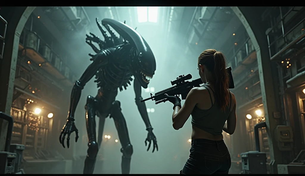 Generate a woman with short curly hair, in a white tank top, holding a machine gun, and she is in a strange place with sticky beige slime eggs on the floor, they are slimy and full of veins, and behind her there is a tube that is connected to a skinny alien xenomorph, he is hanging, has a black and dark purple color and has sharp teeth