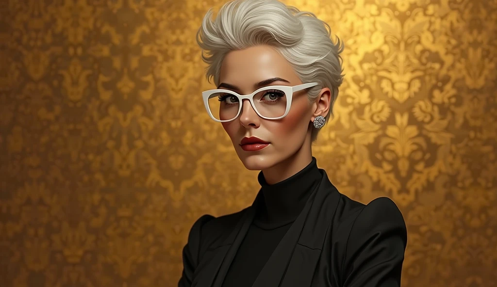 masterpiece,best quality,highly detailed,office lady,white hair,hair bun,collarbone, messy hair, black suit,messy hair,wallpaper,chin rest,glasses,solo,cold,