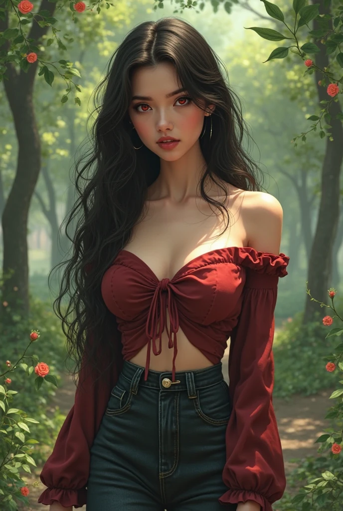 woman black bluish hair green dark eyes, I had a sleeveless top., and a maroon skirt that was like dark red wine with black lace embroidered on the seams along with a small printed embroidery, it reached the thighs