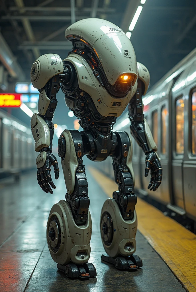 A robotic creature with the design of a modern subway, that can turn into a train. In the background you can see an underground station with glowing lights and passing trains.