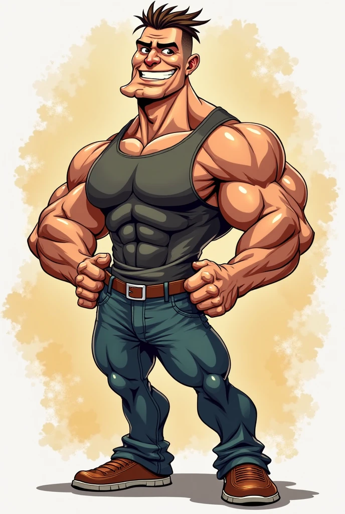 Caricature of a handsome Popeye man, muscular body, half body, white background, silver jow artwork 