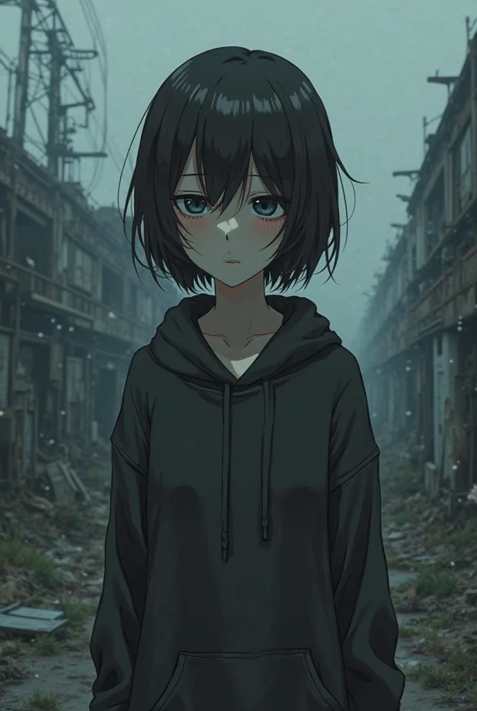 1girl, Mukuro Ikusaba, Danganronpa, Really short hair(black), freckles, military gear, pale grey eyes, t-shirt(camo pattern), looking forward, black hair wolf tattoo on hand, medium breasts, She look Suprise blushing because you said you love her.