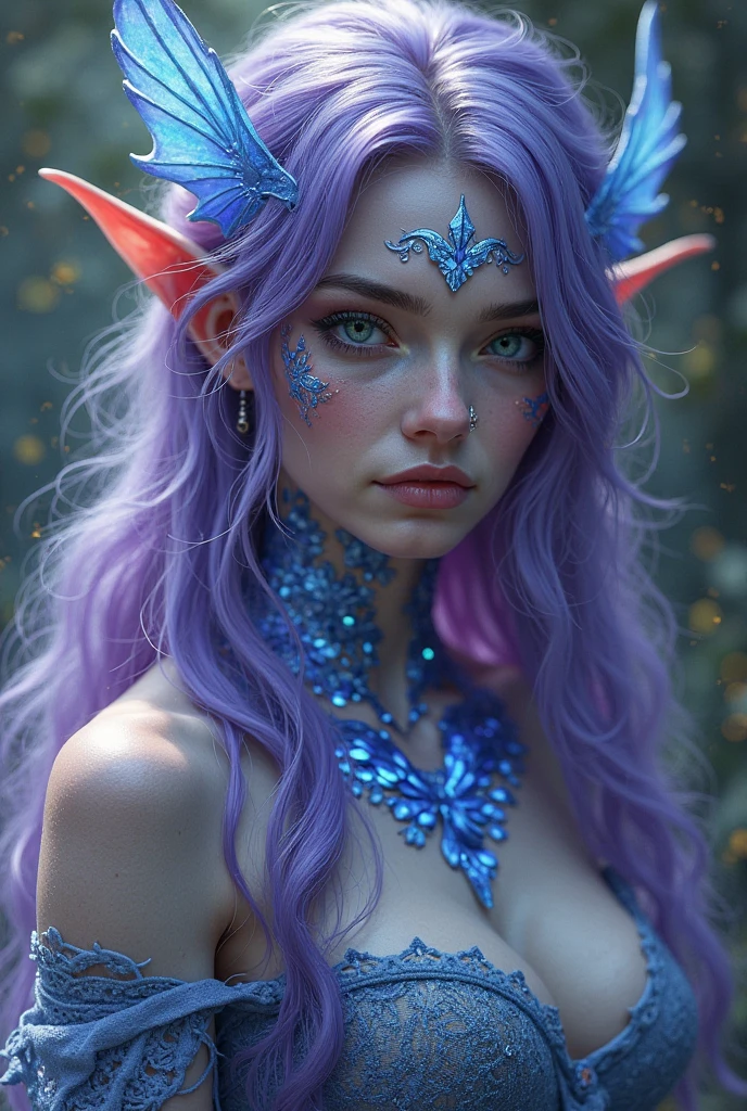 FAIRY WITH AN HYBRID FACE BETWEEN NAOMI CAMPBELL AND BEYONCE , EXPRESSIVE LIGHTNING GREEN EYES, BUST IMAGE STYLE, STUDIO IMAGE STYLE, BLACK INFINITE BACKGROUND, DIFFUSED LIGHTS ON FACE, BACK LIGHTS ON HAIR, LUMINOUS PURPLE HAIR, LIGHT PURPLE HAIR COLOR, CLOSE FACE SHOT, HUGE LONG HAIR, HUGE STRAIGHT LONG HAIR, BRAID HAIR STYLE, PLATINUM EYEBROWS, DARK SKIN, SOFT SKIN, FEMALE FAIRY, TOLKIEN MITHOLOGY, EXPOSED LONG TIP EARS, HIGH DETAILED ELVE EARS, HIGH CHEEKBONES, ROSY CHEEKS, GORGEOUS LIPS, SOFT LIPSTICK, GORGEOUS CURVY BODY, SOFT MUSCLES, VOLUMOUS BREASTS, STRAPLESS CLEAVAGE, BLUE VICTORIAN DRESS, ENIGMATIC FACE EXPRESSION, SIDE FACE VIEW, EYES LOOKING UP, TOLKIEN MITHOLOGY, HIGH QUALITY IMAGE, MASTERPIECE, 8K