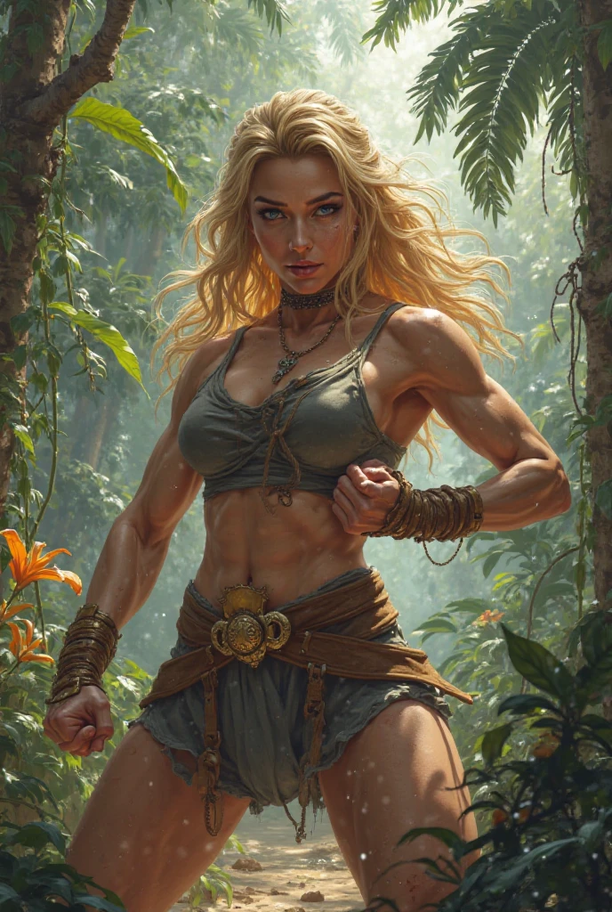 (((COMIC STYLE, CARTOON ART))). ((1 girl)), lonly, solo, A comic-style image of Lagertha Lothbrok a Hot Viking Warrior Girl, with her as the central figure. She is standing, with her hands holding a shield and a sword. She wears a traditional brown leather Viking combat outfit, with blonde braids, Katheryn Winnick face. (((Hot body, sexy, sensual, camel toes))). It is surrounded by a Nordic landscape, with mountains, rivers and snow. She has a strong and courageous expression, as if she is ready to fight evil.