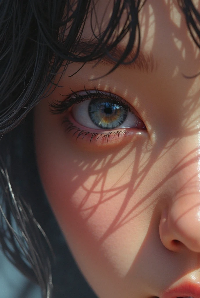 Violet and grey eyes in men and only the eye part can be seen, only that part of the face with two eyes and Asian features, that the grey and violet eyes can be seen without dark circles