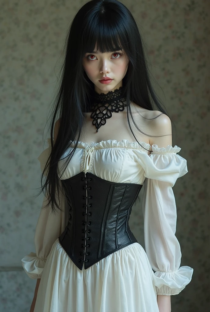 **Title:** Ultimate Horror Merry

**Prompt:** Create an ultra-realistic depiction of Merry, the terrifying doll from the Japanese urban legend "Merry-san's phone call." Overall Appearance: Merry is an old-fashioned doll with a profoundly disturbing presence. Her porcelain face is shattered with deep, sinister cracks, and her pallor is deathly white. Her large, hollow blue eyes glow with an eerie light, giving a sense of malevolent intelligence. Her twisted, blood-red smile is wide and frozen, revealing sharp, jagged teeth. Hair: Merry has long, matted black hair that falls in tangled, knotted strands, partially obscuring her face. The hair appears to move slightly, adding a supernatural quality. Attire: Merry wears a tattered, vintage dress, covered in dark stains and grime. The dress, once ornate with lace and floral patterns, now hangs in shreds, enhancing her macabre charm. The large bow at the front is torn and frayed, adding to her decayed appearance. Special Features: Her eyes have an unnerving, lifelike quality, reflecting a sinister light. Her hands, though delicate, have sharp, claw-like fingers that appear ready to grasp and harm. Setting: Merry is set in a dark, decrepit room, with peeling wallpaper and broken furniture faintly visible. Shadows seem to crawl across the walls, and the faint silhouettes of other broken dolls are scattered around, creating an atmosphere of dread and despair. The lighting is dim, casting sharp shadows and highlighting her horrifying features, drawing the viewer's attention to her menacing eyes and twisted smile. The room exudes a suffocating sense of evil and foreboding, making Merry the undeniable focal point of pure terror.