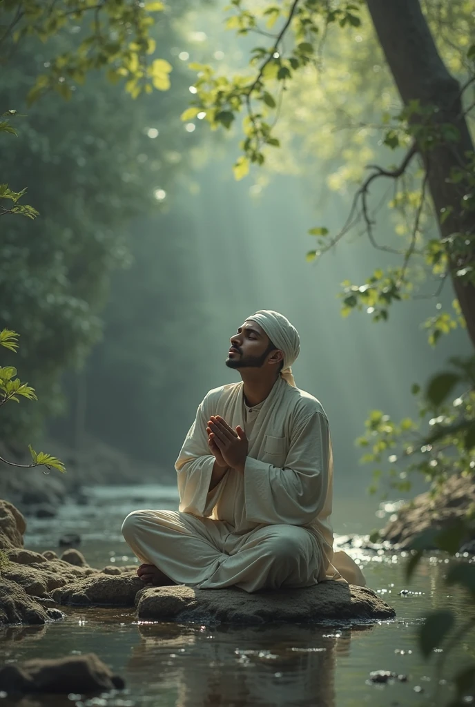 A Muslim with 4 inch beard and wearing Muslim cap under a tree near to river with highest downing neck and closed eyes, doing remembrance of Allah.