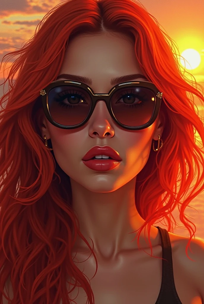 A woman's face with long red hair. Sunglasses on her eyes in sunglasses at sunset reflected illustration 