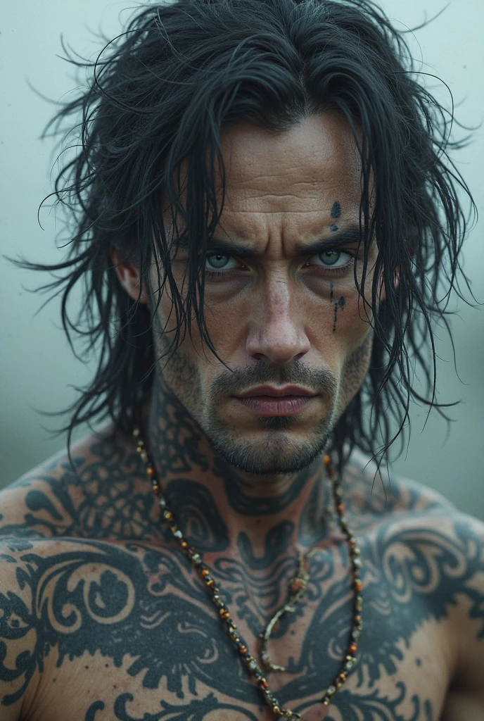 a 2 man. Skin between brown and white but whiter than brown. Shaggy black hair, shirtless, with tattoos on one arm, sexy man face, with one black eye and the other blue in the middle of the blue, a scar that goes from the middle of his forehead to the middle of his cheek. Bad man face defined body v-shaped waist with ducks and abs and muscular arms
