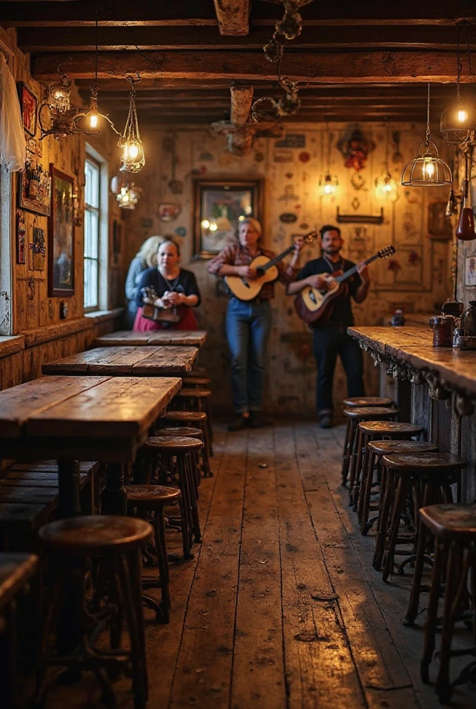 (men and women:1.4) drinking absinthe in busy tavern, heavy wooden barrels of absinthe, solid iron tables coal fireplace,detailed mirrors, dart board, dog sleeping by fireplace, barkeep washing glasses, serving staff, raucous behaviour,fiddle player, live music, industrial revolution,WoodIronAI,AbsinthePunkAI,