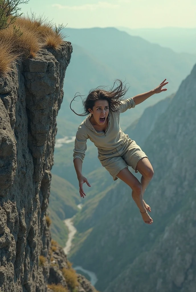In this riveting scene, the talented woman named Sara Carrolli, bravely taking on the role of an adventurous protagonist, performs a breathtaking action shot as she leaps from a cliff, her long, tawny locks flying behind in the wind.