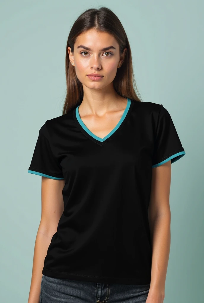 a woman in a gray shirt and jeans posing for a picture, wearing polo shirt, blackw, collar shirt, antracite, wearing a dark blue polo shirt, perfect detail, manga curta, meia imagem, gray dark, detailed photo, detailed photo com zoom, gray shirt, Full-body close-up, shot close to the body, in a dark teal polo shirt