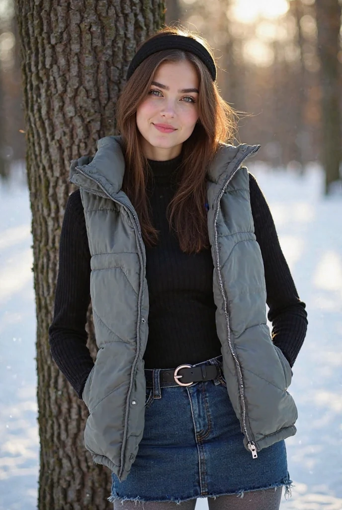  Ultrarealistic image . A pretty slim brunette 25-year-old German woman. She has a narrow face with high cheekbones. She has straight shoulder-length hair . She is wearing a black headband. She is wearing a grey down vest and a black turtleneck sweater. She is wearing a short tight denim skirt with a black leather belt. She is wearing gray pantyhose. She is lying smiling against a tree in a sunny snow-covered landscape. 