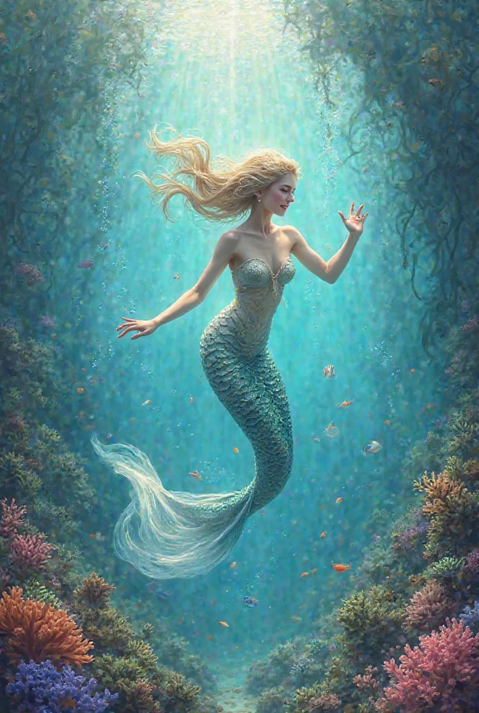 A mermaid, It has a long mermaid tail and soft fins, Extra-long hair, Huge tail fin, Perform a stretch on top, Schools of colorful fish are scattered around, Divine light emanated from behind her, close look, The design style is futuristic, Cinematic lighting effects, A volumetric light and an August shorts renderer are used(octanerender)and ray tracing technology, Presents super fine details, Anti-aliasing effect makes colors sparkle, Water is translucent, A mermaid, long mermaid tail, Soft long fins and extra long hairs, Huge tail fin, stretched action, From above, God's light transcends her colorful fish around the girl, up-close, futurism, Cinematic lighting, voluminetric lighting, rendering by octane, Ray Trahna, Super detail.Anti-aliased shimmer pearl color, Translucent water butterfly,