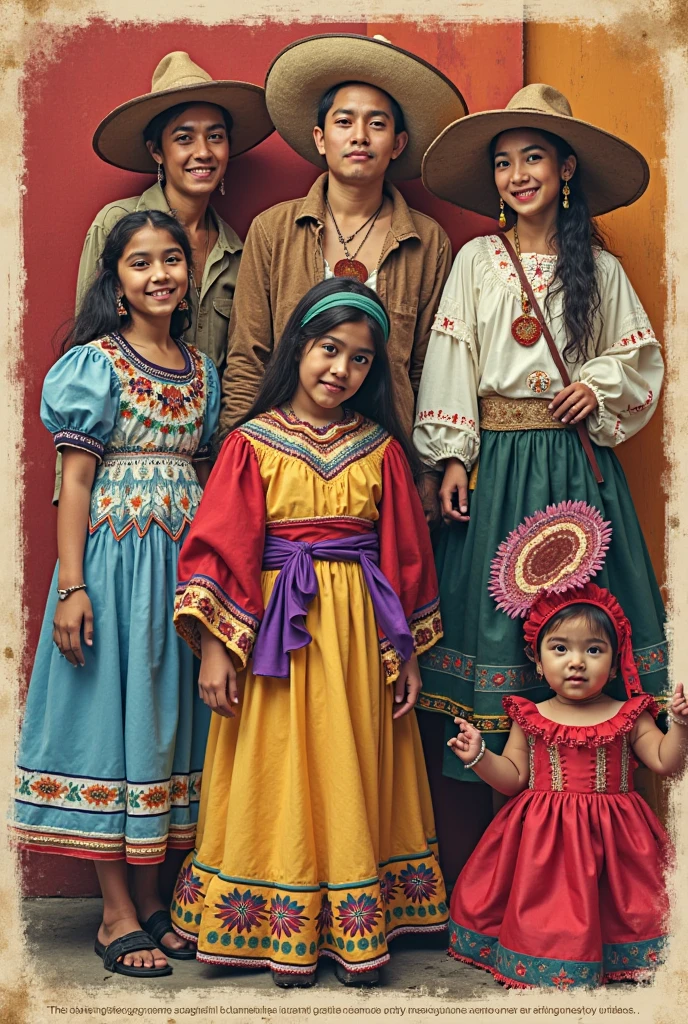 3 children dressed in the typical costumes of the highland coast and Peruvian jungle leaning on the flag of Peru