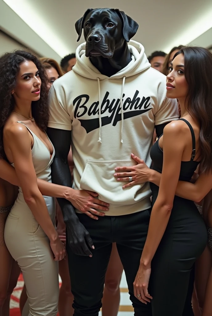 (Best Quality) four women with beautiful highly detailed faces are wearing white t-shirts and white yoga-pants (the women express desire) (the women surround a huge tall muscular black man and stare at him as he smirks, the short-haired tall huge barbarian beefy muscular black Man in center-of-composition is hugging four beautiful women touching him and snuggling him,  perfectly detailed face, anatomically perfect nose, anatomically perfect eyes, anatomically perfect hands. 
