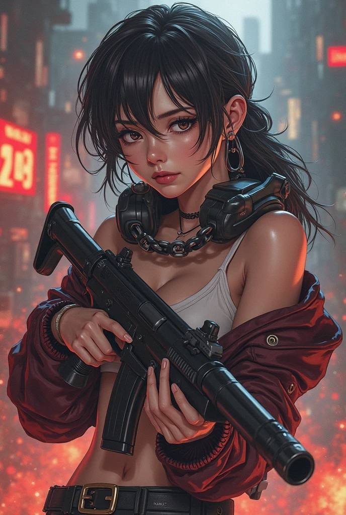 Hot girl wearing cat headphones and holding a gun