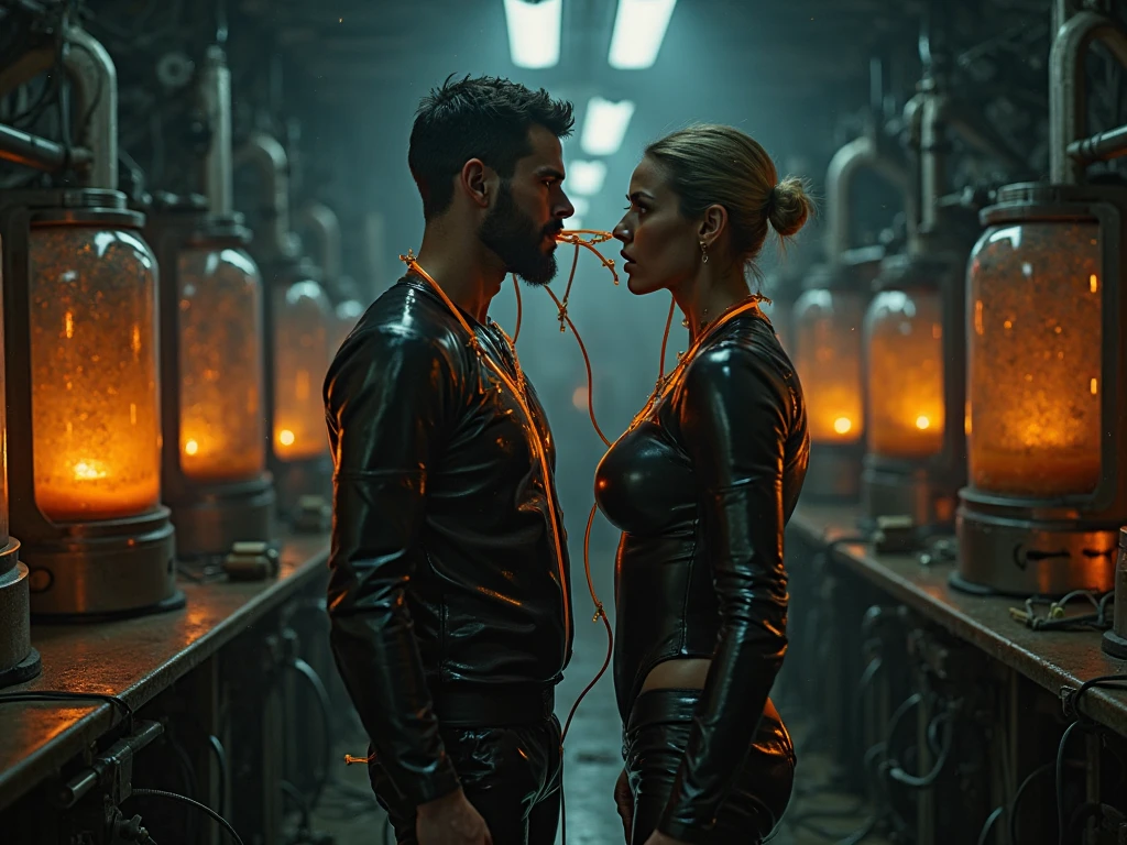 in a warehouse, A man is standing on the ground, surprised look, In front of him are several beautiful young women with hair of different colors., in sexy lingerie, beautiful and defined faces, standing looking forward with eyes closed, There is a sign hanging that says  "ROBOT STORAGE", The man touches the face of one of them, first person view , Excellent lighting, hyperrealistic quality image, high resolution