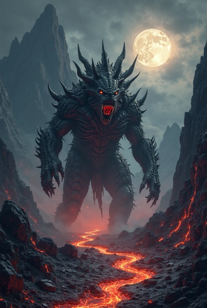 Create a dark, epic, and majestic fantasy landscape under a glowing full moon. Towering, jagged black mountains loom in the background, their peaks shrouded in eerie mist. Active volcanoes spew molten lava, rivers of fiery red carving through the ashen ground. In the center, a colossal behemoth monster hunts, its hulking form cloaked in spiked, obsidian scales that glint faintly. Its eyes glow a sinister crimson, jagged claws drip with venom, and a maw of razor-sharp teeth snarls. Intricate scars and bony protrusions cover its body, exuding menace. The scene is dark, scary, and richly detailed, with a haunting, majestic atmosphere.