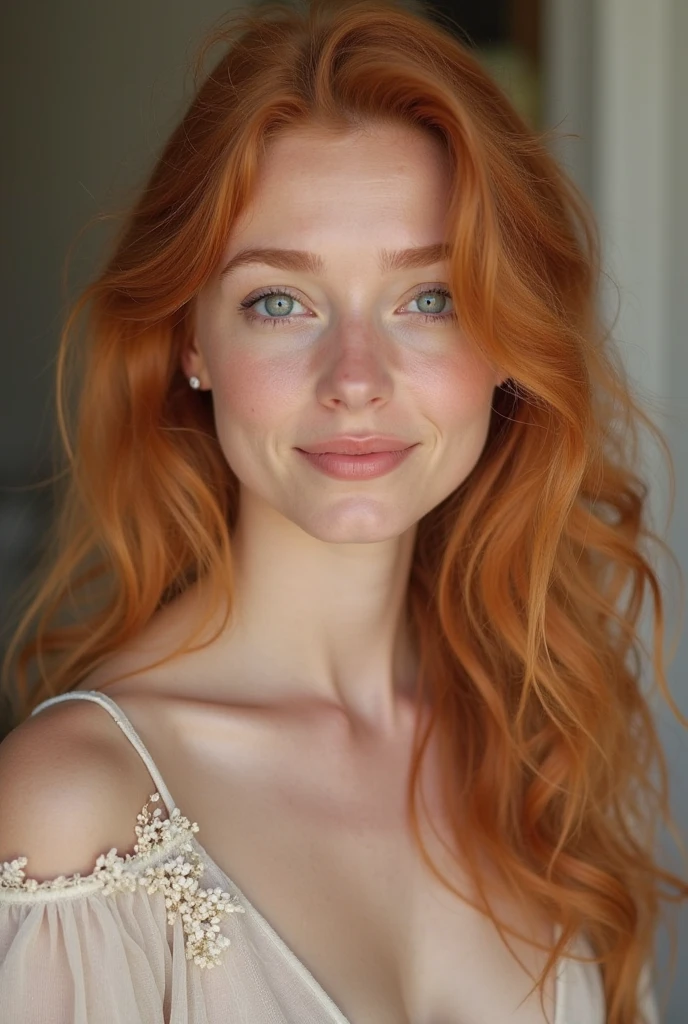 young girl In a red dress to the restaurant, Refined facial features, bright skin, ginger hair hair, gray-green eyes.