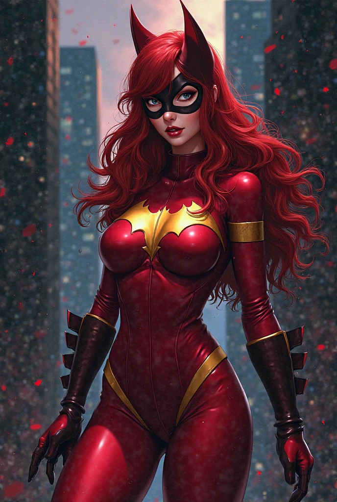 Soaring above a bustling cityscape at noon is a skinny and toned teenage female superhero with a red and gold leotard suit paired with elbow gloves and knee boots, vibrant red hair, fiery eyes, and the power of fire surging through her veins, ready to take on any challenge ahead. (powerful, heroic, vibrant red hair:1.4, glowing yellow eyes:1.8, fire powers:1.5,bare shoulders:1.5,bare thighs:1.5)