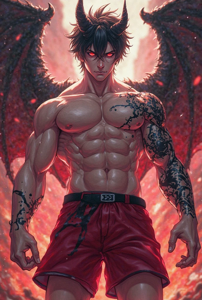 Masterpiece, Best quality, {Best quality}, {{Masterpiece}}, {A high resolution}, {{{field field}}, The is very detailed, illustration, ，1 male，AS-Adult，Handsome，Tall muscular man，a broad shouldered，Delicate eyes and delicate face，Shirtless，Red inches，Red eyes，combats，Sharp eyes，Fierce expression，Fang，There are dragonfly wings on the back，Romantic, Sharp focus, Male focus，Scars on the body，Messy rocks，Broken tree trunk