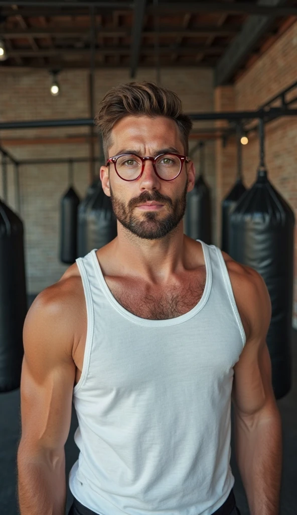One Brazilian man、Wearing glasses、Fair skin、Muscular body、Green Eyes、Blonde wolf cut、Smooth Skin、