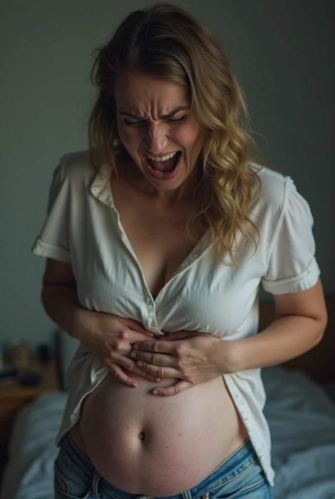 A woman with a stomachache with more pain with a lot of pain until she writhes and her belly is growing, growing a lot