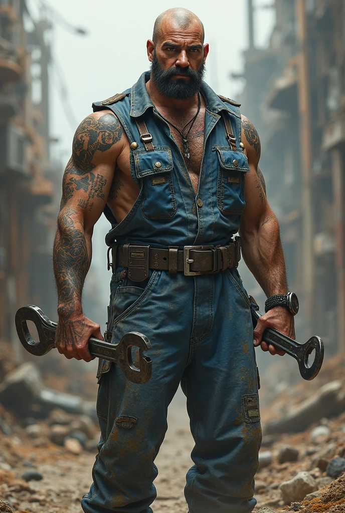 Tattooed gangster electrician with various tools