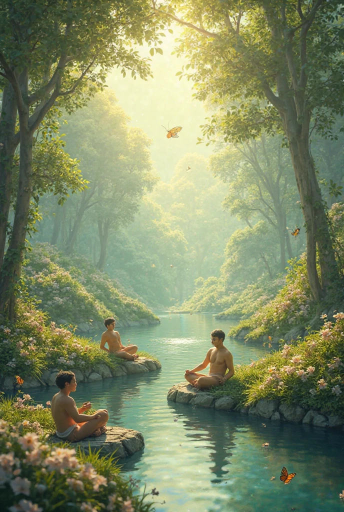 Two Cambodian hunters sit on a wooden bed on a tree staring at a pool of water in the forest where wild animals are drinking 8k