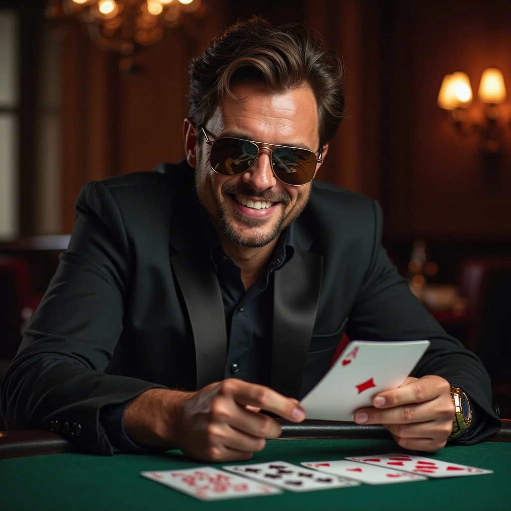 Create a high-definition image that captures the intense and confident essence of a poker player. | Picture a charismatic poker player wearing mirrored sunglasses that reveal the cards in his hand only through their reflection.. He's smiling confidently., exuding an air of cool composure and strategic brilliance. | The reflection in your sunglasses subtly shows your winning hand, adding an element of intrigue and mystery. | The background should evoke the atmosphere of a high-stakes poker game, with dim, focused lighting and a sleek design, casino inspired setting. | The composition should emphasize the poker player's confident expression and the skillfully hidden reflection of the cards in his sunglasses, creating a sense of tension and dominance.