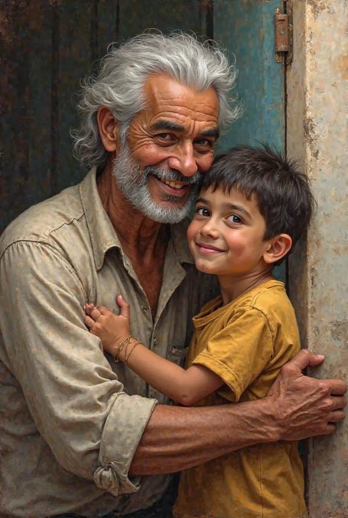 Best quality，8k，high resolution，masterpiece：1.2），Ultra Detailed，lifelike，Photo Realism，A man and a child huddled in a corner，A scene of happiness amidst the harsh environment in Gaza，A man in ragged clothes leads a poor child，Simple dress up，birthday celebration，warm hugs，Happy facial expression，Emotional connection，Detailed eyes and facial expressions，Vivid eyes，Shabby laundry，Scattered birthday items，Cracked Wall，Evoke a sense of warmth，Tenacity，Emotional Feeling，photography，HDR，Vivid colors，Soft lighting
