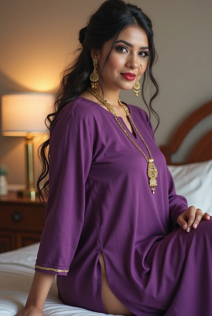 Day scene, full body photo of a plus sized 45 year old indian with a man from top view, (Masterpiece, Best Quality, High Resolution), office Background, (cum Splash on her breasts and nipples, cum Splash on her face, Splash of cum, cum Splash on her blouse, cum Splash on her eys), Sweet 25 year old South indian women sitting on a bed, hour glass body red lips, purple colour silky gown, with a smile, lightly makeup,ultra realistic, realistic, look at viewer (cinematic:1.3), intricate details,