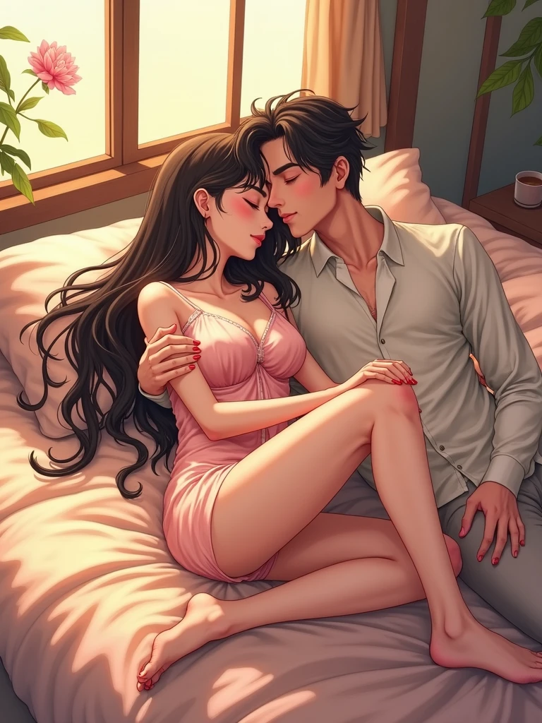 casal de anime ,casal heterossexual, deitados em uma cama se olhando