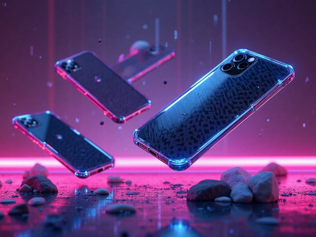 "A futuristic and cutting-edge e-commerce banner for a high-tech phone case shop. Showcasing ultra-modern, innovative phone cases with advanced materials like carbon fiber, metallic finishes, and transparent electro-glow designs. The composition features a sleek, cyberpunk-inspired aesthetic with deep purple tones, neon lighting effects, and dynamic reflections. Floating, levitating, or holographic phone cases are arranged in a visually striking layout, emphasizing technology, durability, and style. The background is clean yet futuristic, enhancing the high-end and premium feel. No text included APPLE PHONE