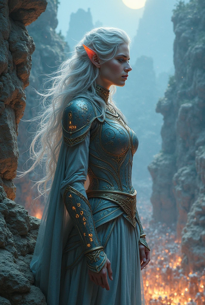 An ethereal elven warrior woman of immense beauty stands at the edge of a towering cliff, gazing over the battlefield below. Her silver hair flows like moonlight, eyes glowing with ancient wisdom. She wears intricately woven magical elven armor, shimmering with enchanted fabrics that enhance her agility and strength. The wind carries the faint glow of runes etched into her gauntlets. The scene is bathed in dramatic lighting—cool moonlight contrasting with fiery embers from the war below. Shadows dance across her face, accentuating her regal yet battle-hardened expression. Comic book style, highly detailed, atmospheric, moody, epic.